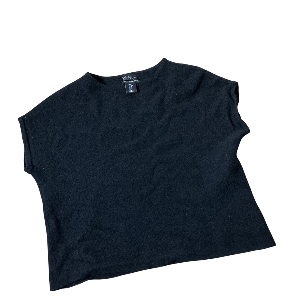 Nicole Miller Merino Wool Knit Top Women M Black Cap Sleeve Crew Neck Basic